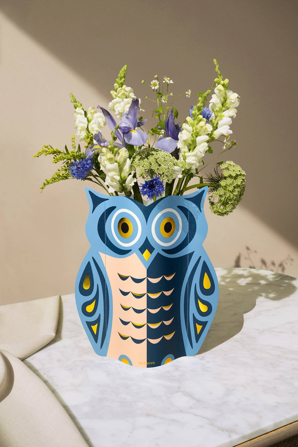 Owl Paper Vase | Blue, Peach & Gold | Fall Christmas & Luck