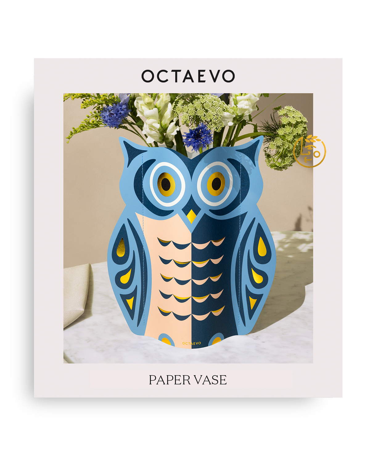 Owl Paper Vase | Blue, Peach & Gold | Fall Christmas & Luck