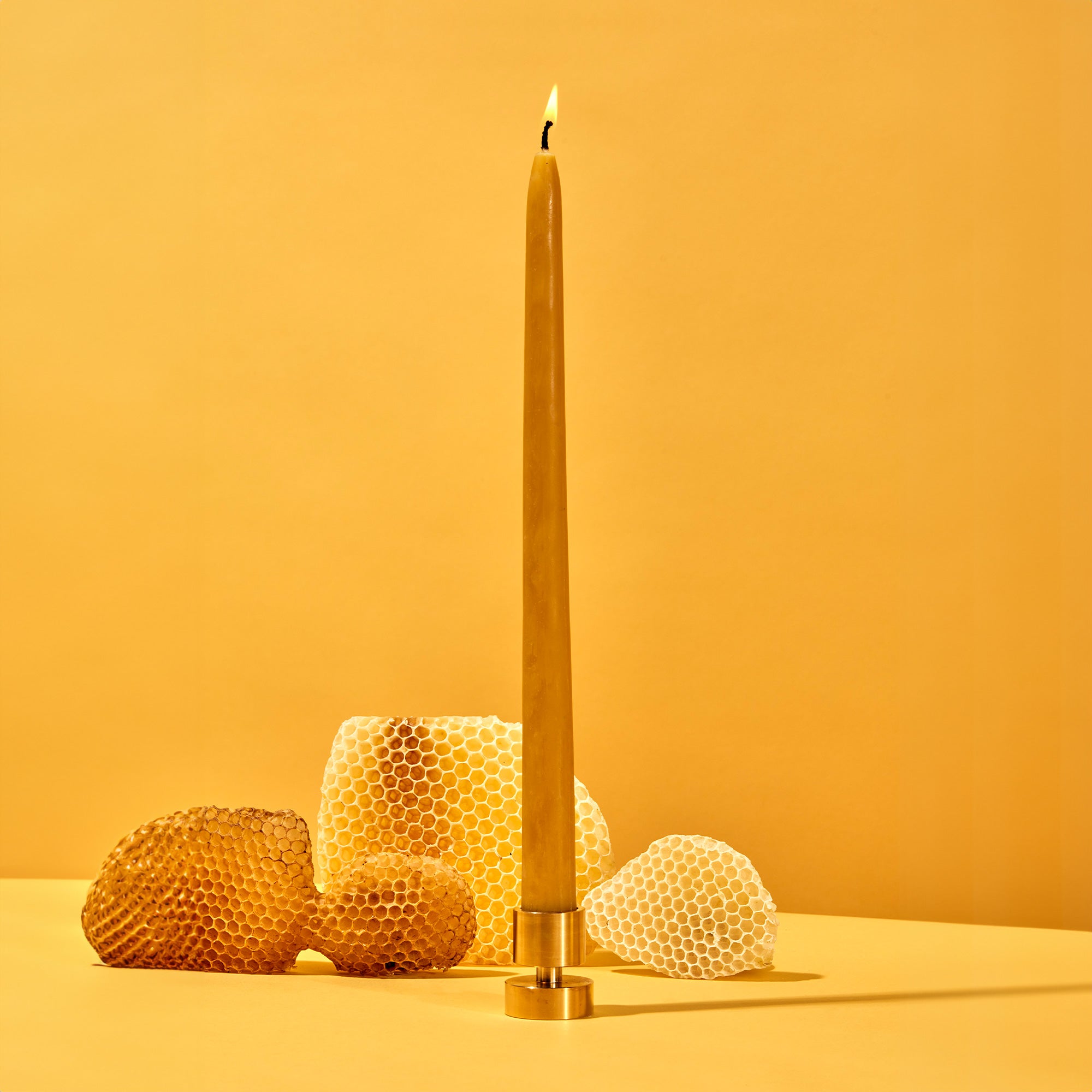 Beeswax Taper Natural + Brass Holder