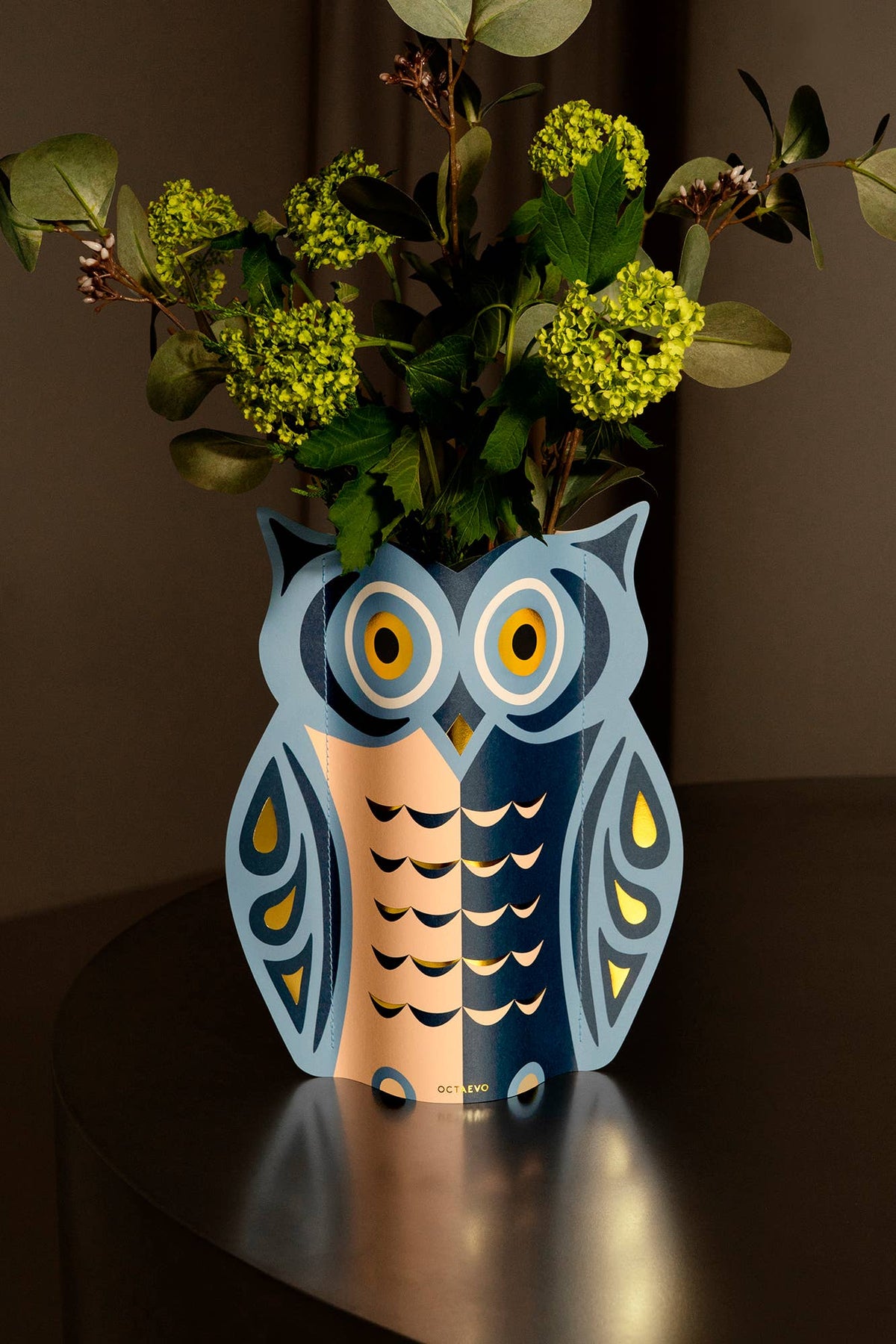 Owl Paper Vase | Blue, Peach & Gold | Fall Christmas & Luck